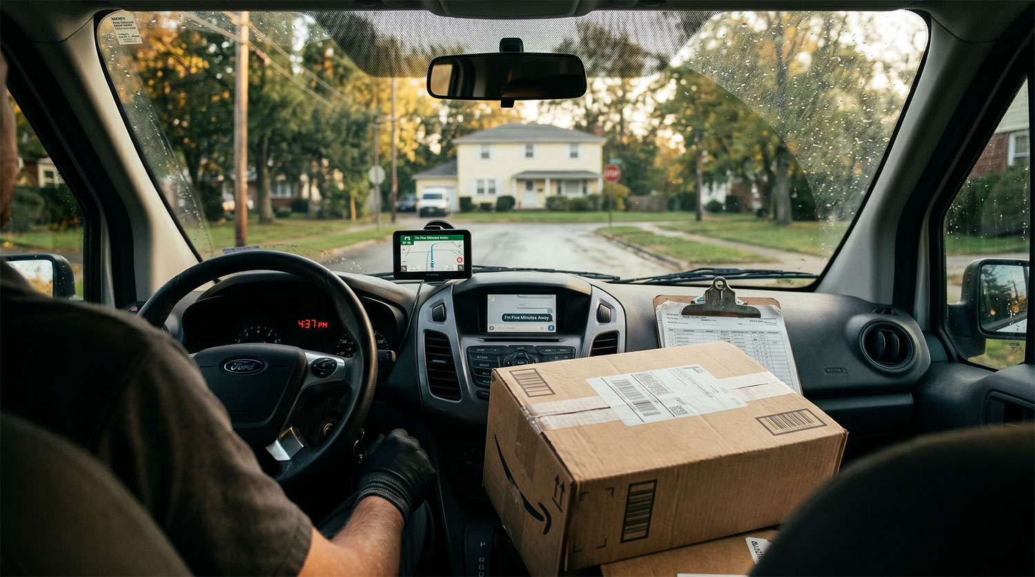 4:37 PM: "I'm Five Minutes Away." it was checked on last mile delivery software