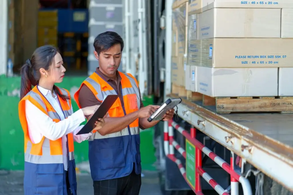 Logistics operations at loading dock — workers with clipboard and tablet verifying inventory; truck with palletized boxes
