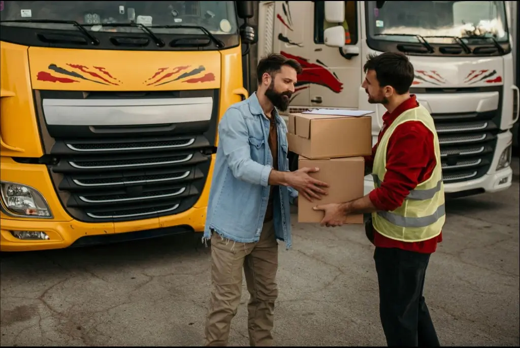Logistics handover at a stop — driver and recipient exchanging packages; service time is measured from check-in to check-out at each location