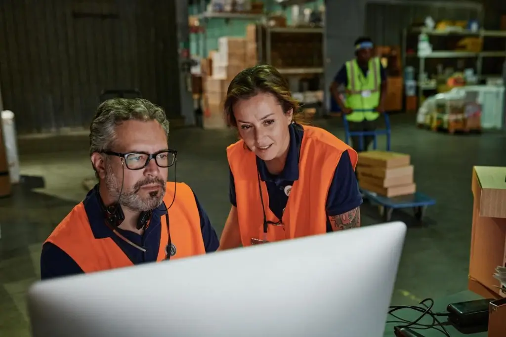 Specialized logistics — warehouse workers reviewing data on screen; operational management and inventory in logistics environment